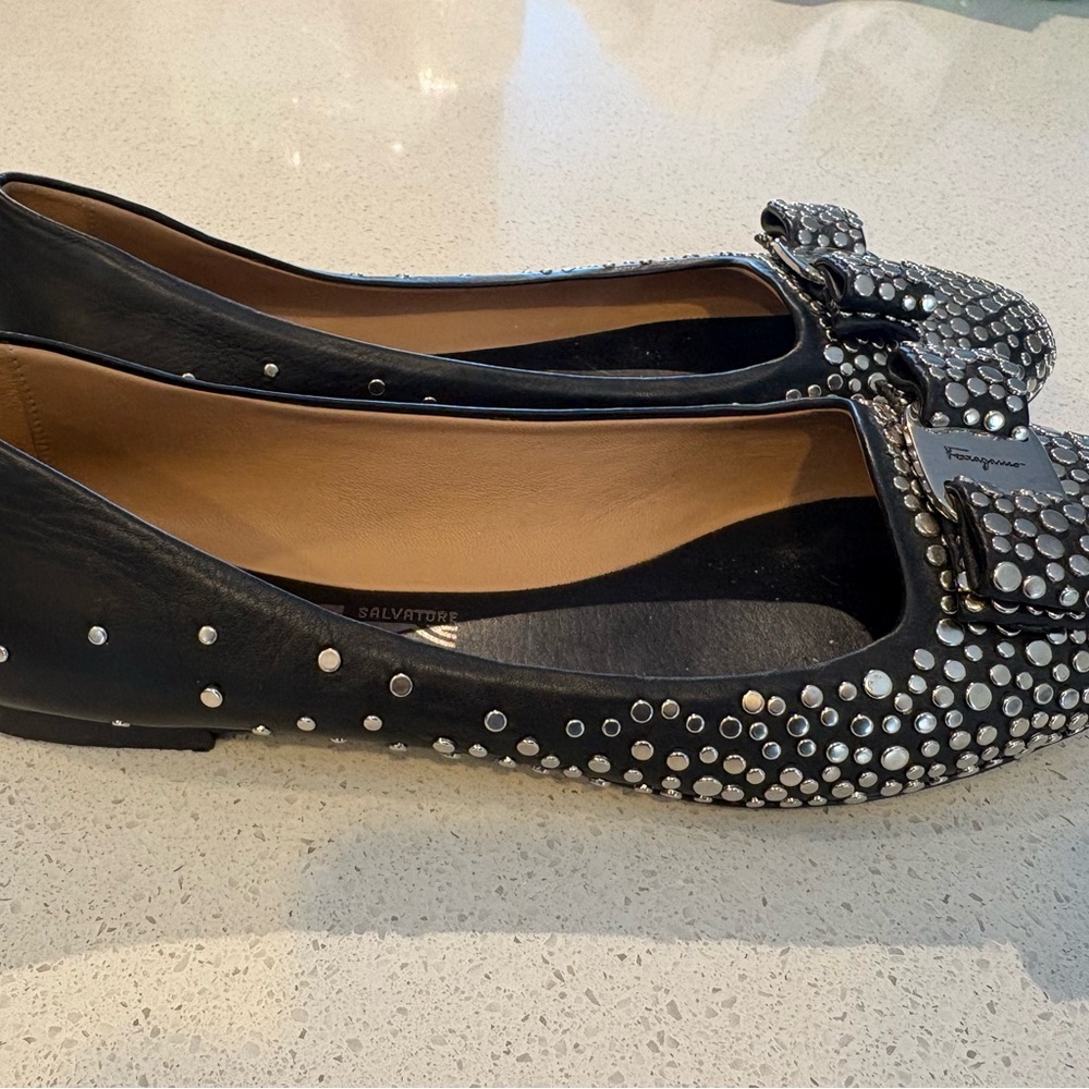 Salvatore Ferragamo Black Silver Studded Flats - Picture 4 of 7